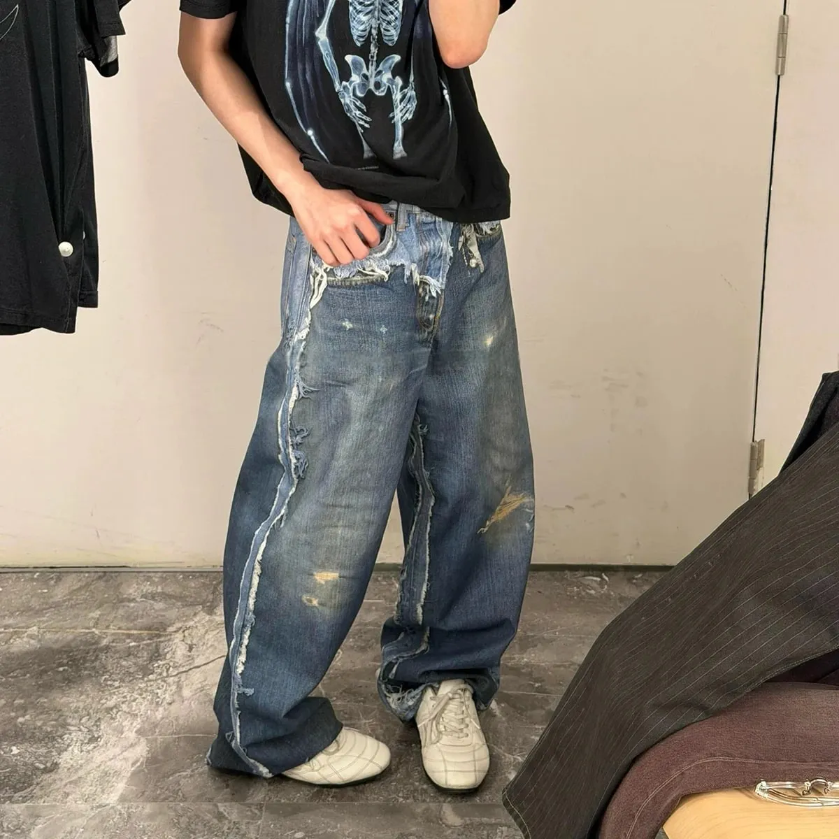 Fake Two Pieces 3D Print Patchwork Baggy Jeans for Men and Women Straight Casual Loose Denim Trousers Oversized