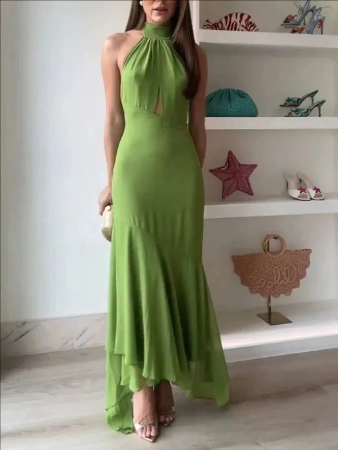 Temperament Halter Neck Long Dresses Women Green Backless Leace-up Irregular Package Hip Party Dress Elegant Banquet Vestidos