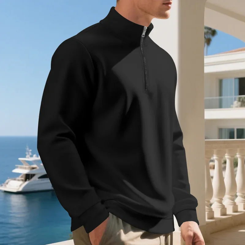 Autumn Winter Men's Fleece Quarter Zip Pullover Man Long Sleeved Loose Stand-up Collar Sweater Casual Comfy Mock Neck Sweatshirt