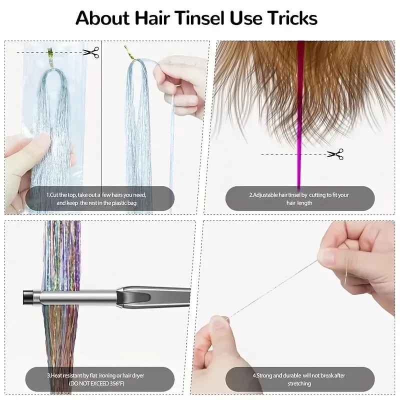 4 Packs 22inch Fairy Tinsel Hair Extensions Kit for Women Holographic Synthetic Hair Extension for Quick Hair Color Change