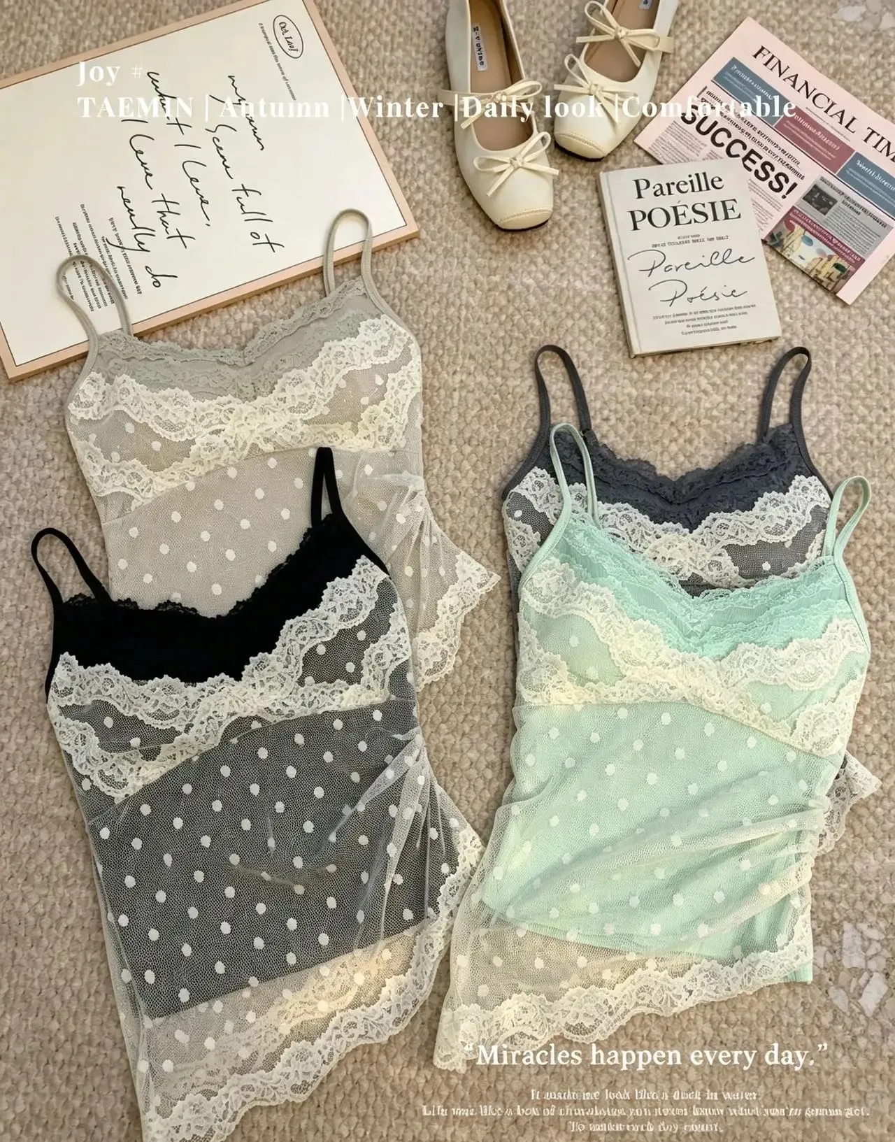 Women's Polka Dot Lace Spaghetti Strap Camisole with Pad Bust Adjustable Straps Side Lace Sexy Summer Daily Top A33079