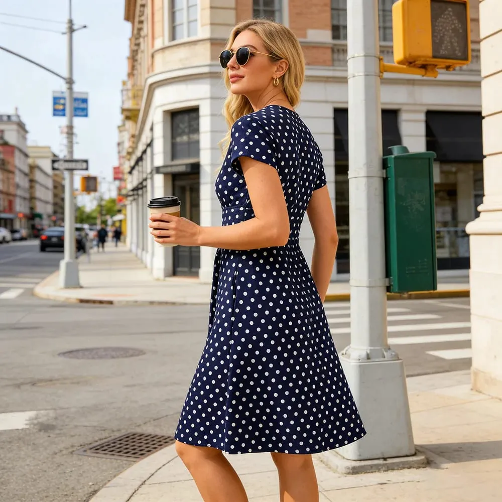Women's V-Neck Wrap Dress with Pockets Short Sleeve Polka Dot Casual Summer Dress