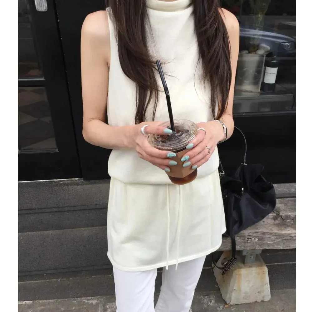 Summer Elegant Drawstring Waist Slimming Sleeveless Short Dress Comfortable Casual Style Women's Clothing Commute Suitable