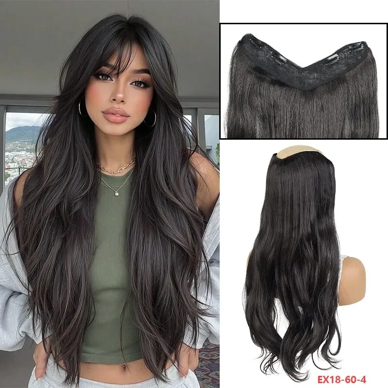 Peça de peruca em V de fácil encaixe, extensão de cabelo sintético ondulado de 20 "ou 24" adiciona comprimento e plenitude em segundos