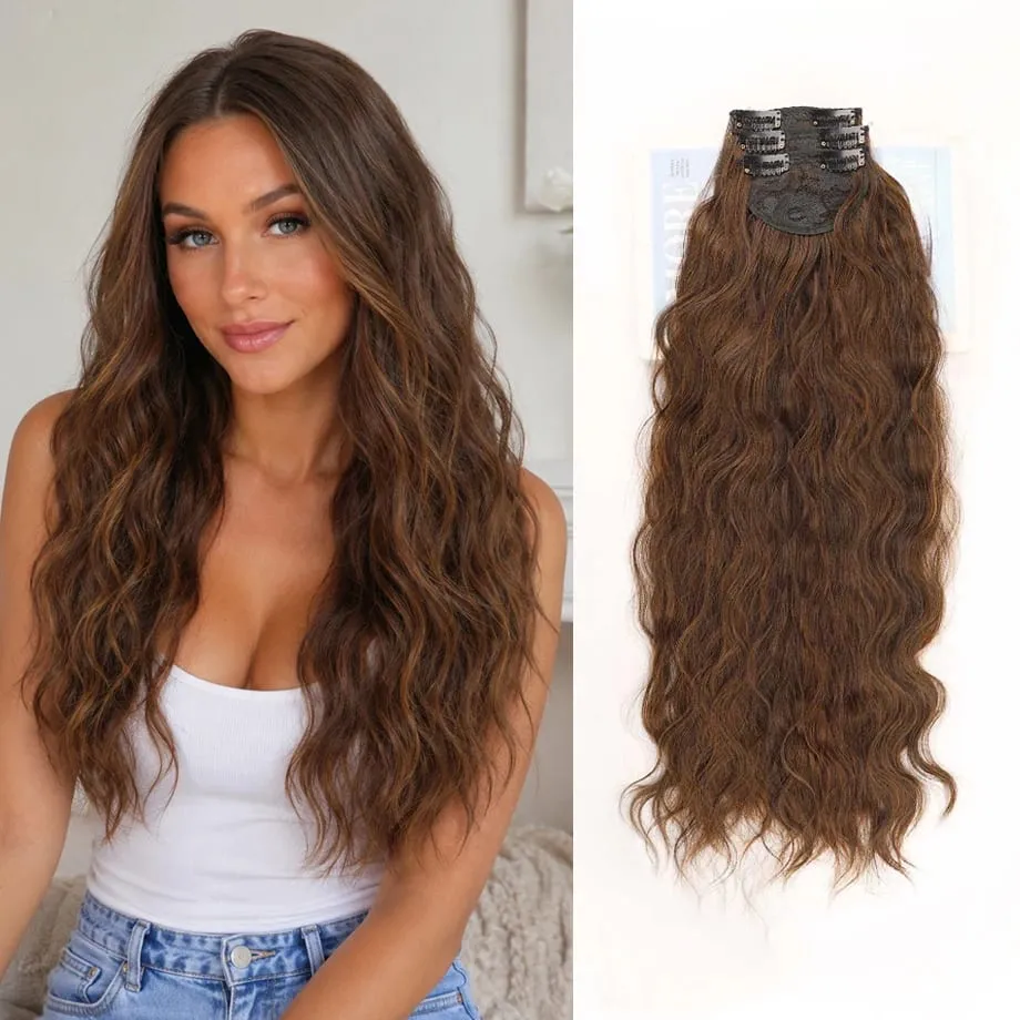 Clip in Hair Extension for Women - 3 Pcs Thick Double Weft Long Wavy Soft Synthetic Blends Well Hair Extension 20inch Dark Brown
