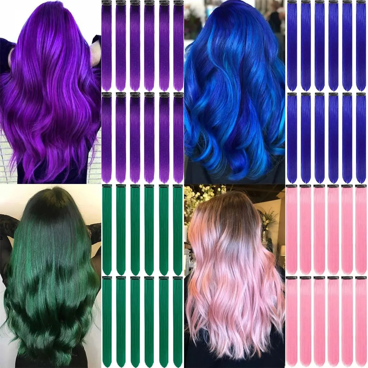 Clip in Hair Extensions Farvede Fest Highlights 22 tommer 6 stk/pakning Multi-farve Lige hår Syntetiske hårstykker Royal Blue — image 2
