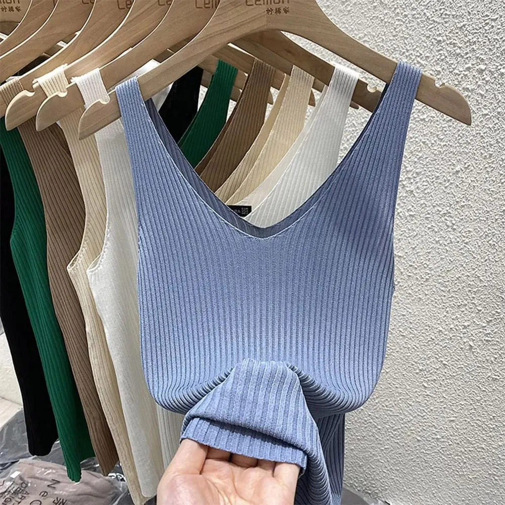 New Summer Sexy V-Neck Sleeveless Knit Women Camis Slim Pure Desire Style Basic Crop Top Korean Style Solid Versatile Tank Top