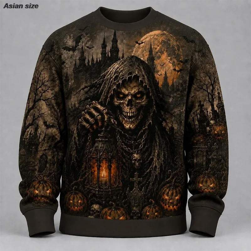 Fleece Sweatshirts Halloween Men's Skulls Sweatshirt Punk Party Gothic Crew Neck Vacation Blue Dark orange Brown Green