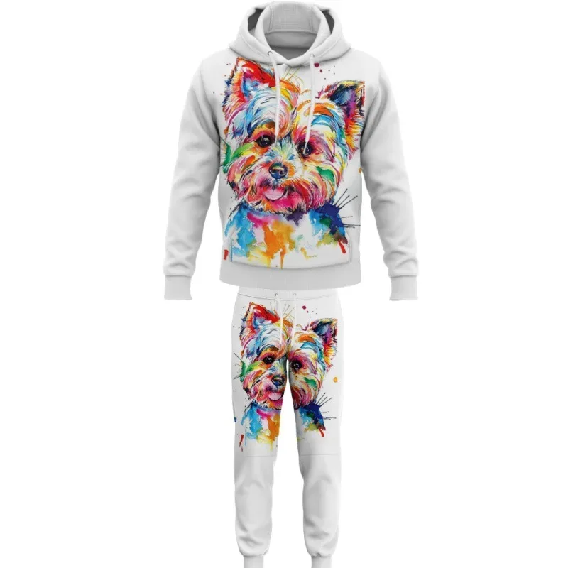 Moda animales perro 3D impreso otoño Sudadera con capucha traje hombres sudaderas pantalones de chándal Casual dos piezas conjunto de chándal ropa de hombre