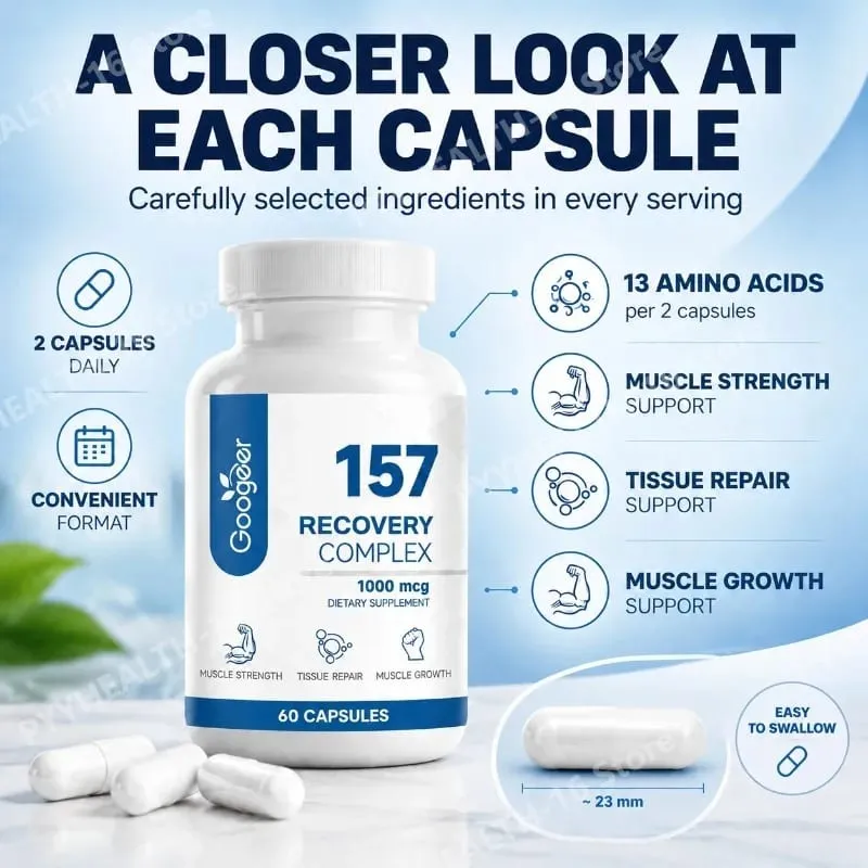 157 Recovery Complex Capsules with L-Valine and L-Glutamine for Recovery Support Muscle Growth Amino Blend 1000 Mcg 60 Capsules