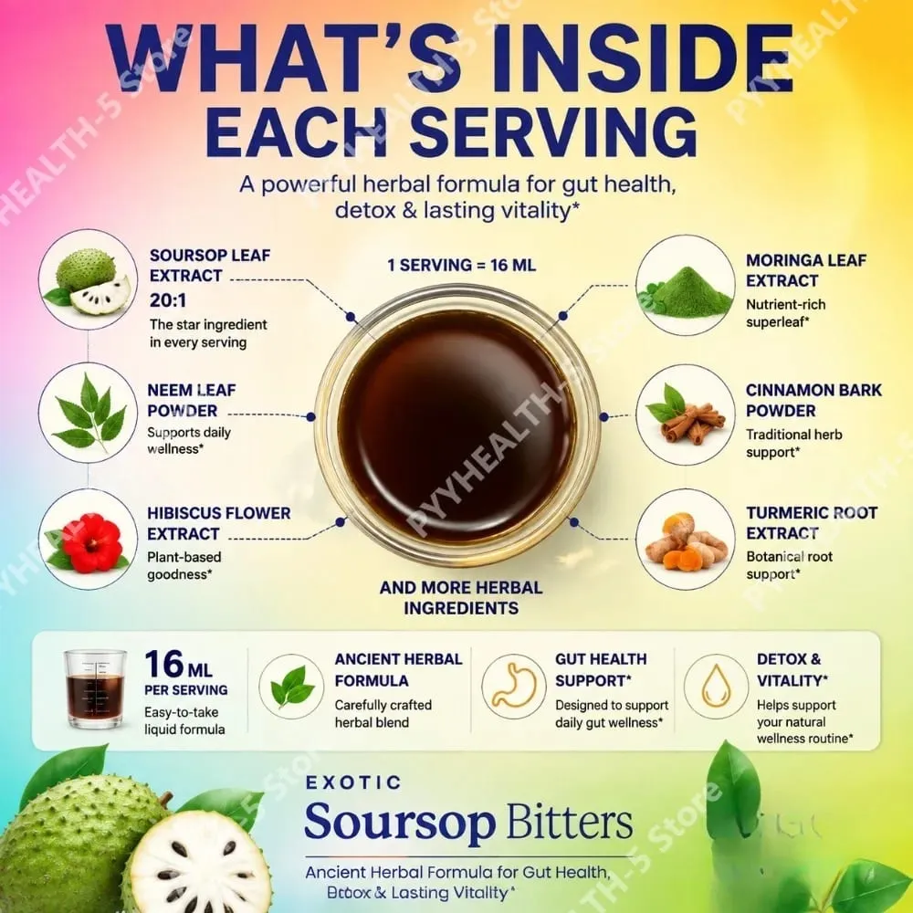 Herbal Soursop Bitters Liquid Supplement Black Seed Moringa Irish Moss Drops for Gut Digestive Wellness Immune 16 Fl Oz(473ml)