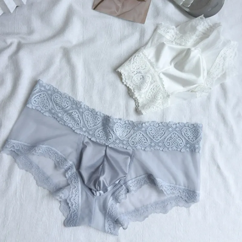 Heren Ijs Zijde Kanten Rand Dunne Naadloze Slips Glanzend 3D Zakje Lichtgewicht Ondergoed Slipje Comfortabele Dagelijkse Lingerie