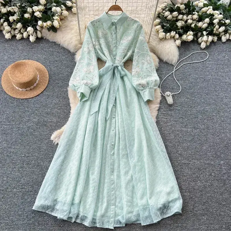 French Vintage Lace Embroidered Lapel Lantern Sleeve Dress Women Korean Slim Fit Waist Mesh Slim Long Dress