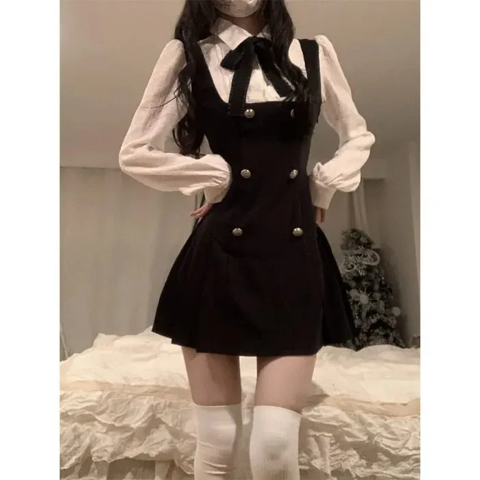 CGC Preppy สไตล์ปลอม 2 ชิ้นชุดสตรีสั้น Casual Bow Tie ญี่ปุ่น JK Lolita หญิง 2025 ฤดูร้อน Party Dresses