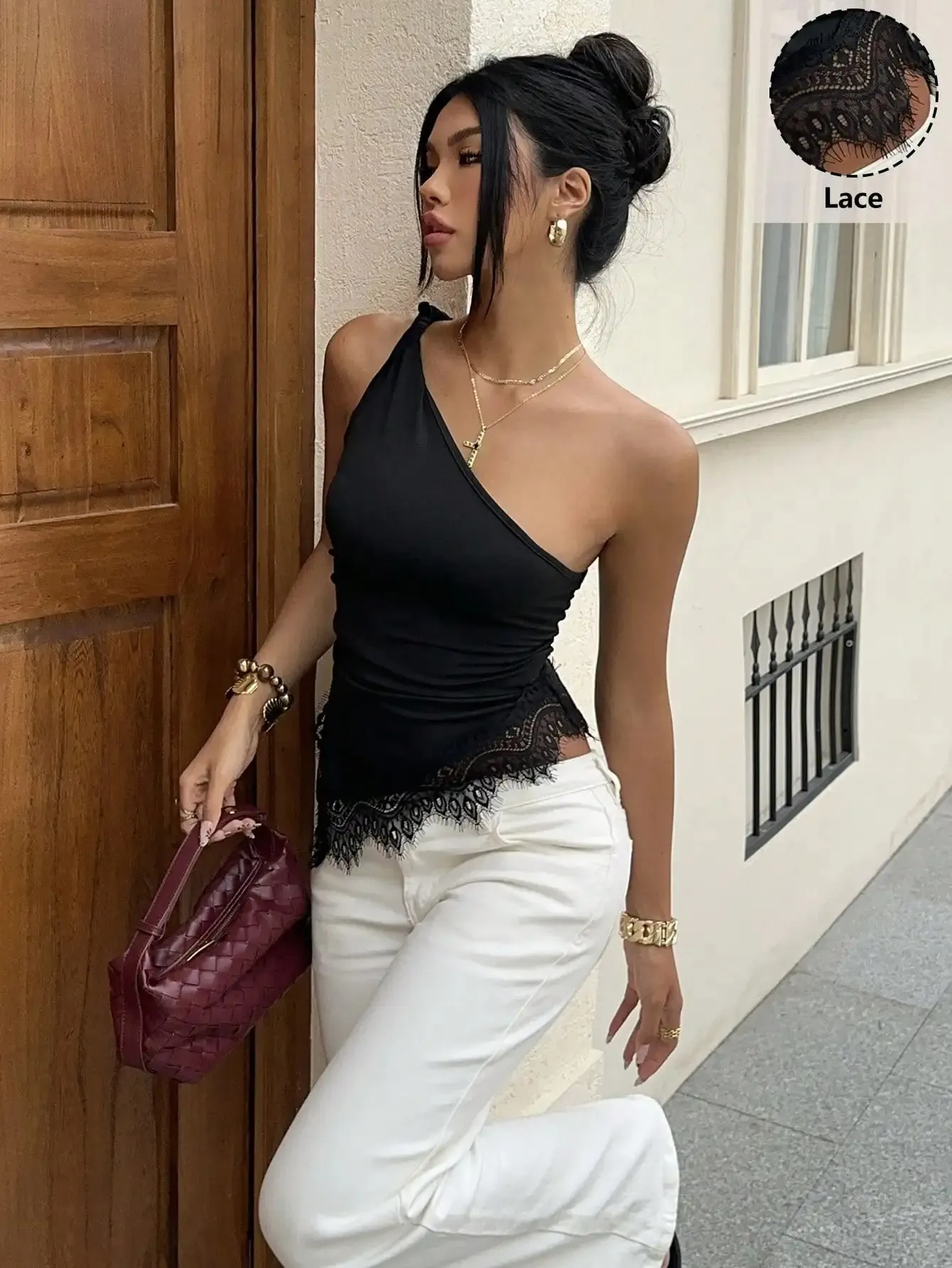 Women's Elegant Solid Color One-Shoulder Twist Vest with Lace Splicing Versatile Top for Vacation Party Beach Shopping Dati