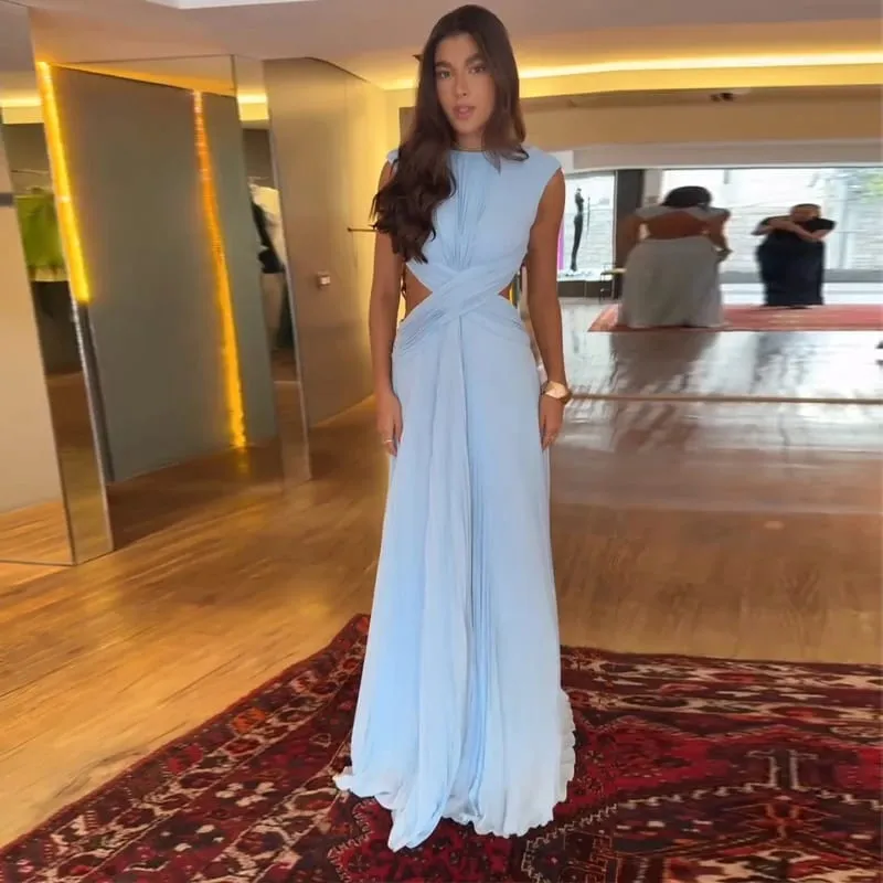 Sexy Hollow Out Long Party Dress Women Pleated Sleeveless Backless A-line Beach Dresses 2026 Summer Lady Chic Solid Holiday Robe