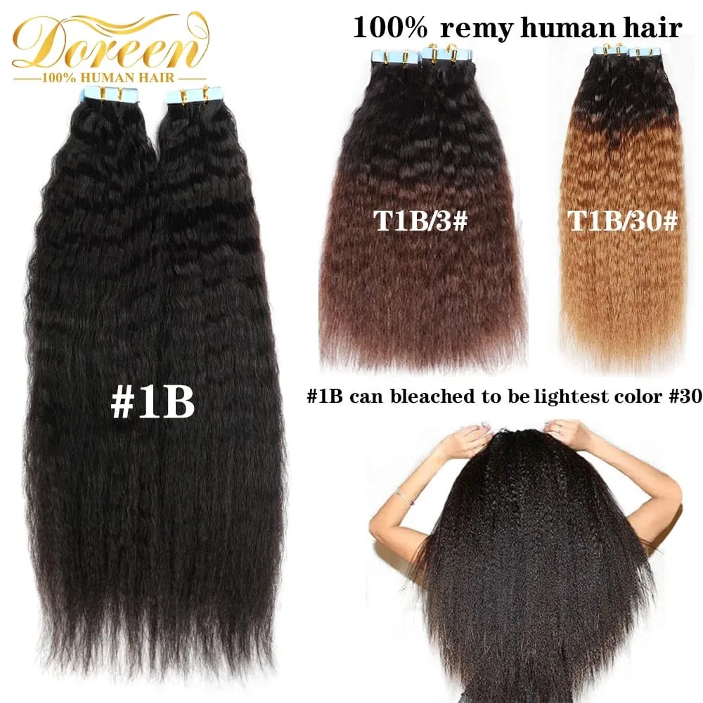 Pita Yaki Lurus Doreen 14-24 Kinky dalam Sambungan Rambut 100% Pita Rambut Manusia Sebenar dalam Kulit Rambut Hitam Asli Pakan 50g Rambut Pita