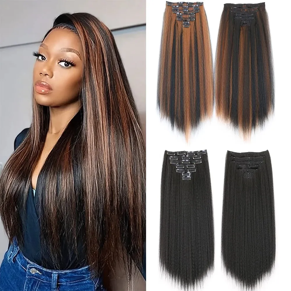 14-22icnh Synthetic Yaki Straight Clip In Hair Extensions For Women Black 7Pcs/Set Synthetic Extensions Hairpiece