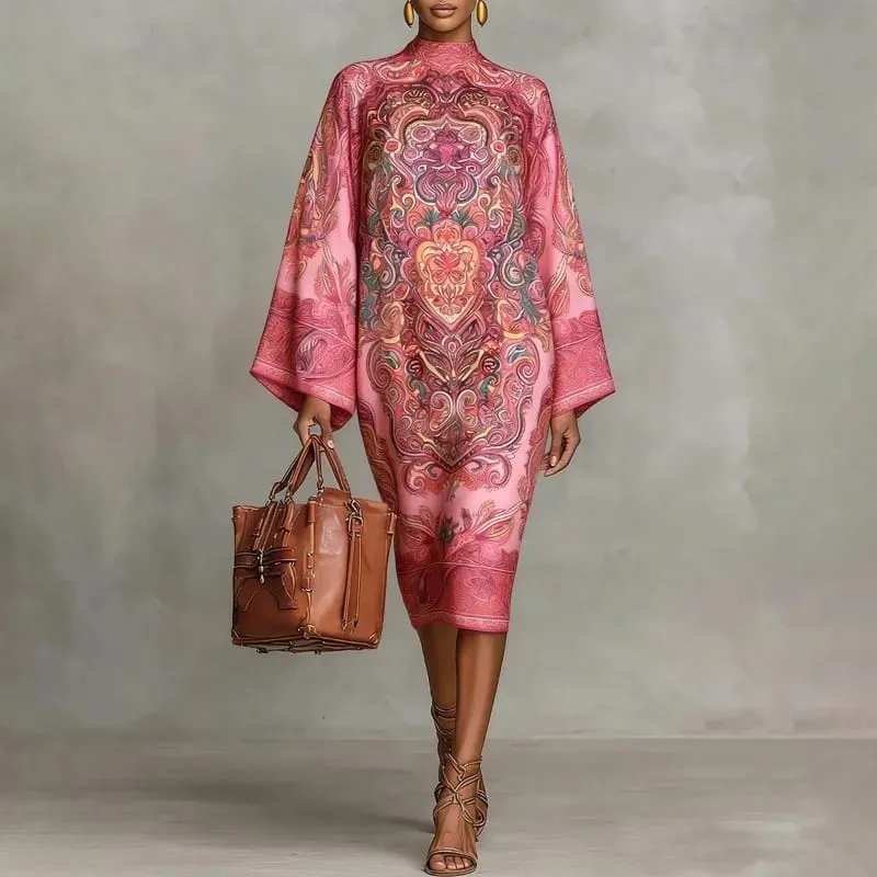 Yeezzi 2026 New Retro Classic Printed Party Evening Midi Dresses Loose Batwing Sleeves Elegant Ramadan Church Kaftan Dress Robe