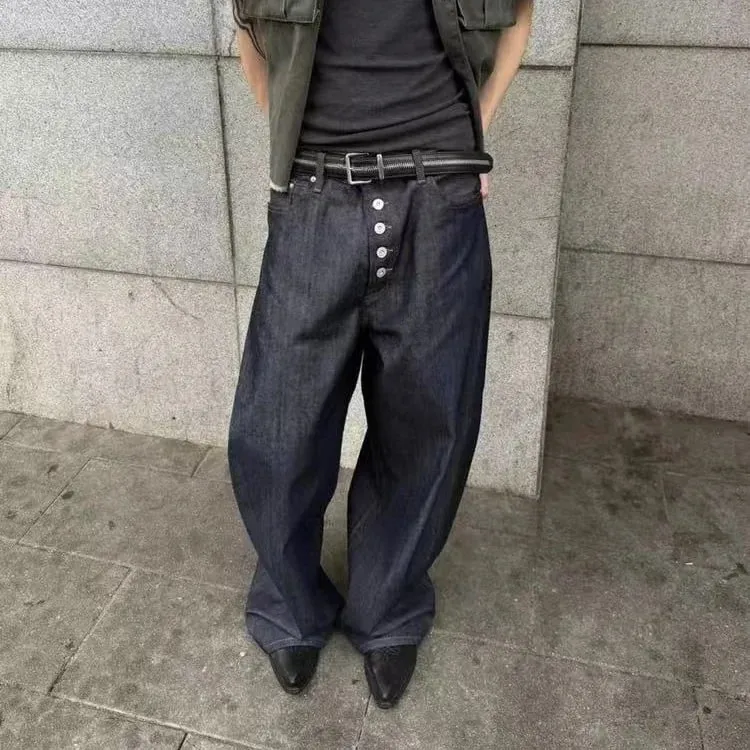 Button Design Machete Denim Baggy Jeans Men's High Street Edge Selvedge Niched Hiphop Loose Long Wide Leg Pants 12377