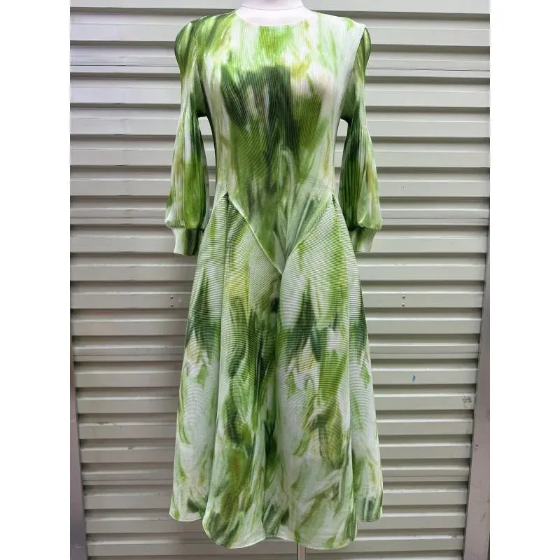 Miyake Plissee Kleider 2026 Herbst Neue Sanfte Französisch Druck Elegante Stretch Plus Größe frauen Langarm Bounce Blume Knospe kleid