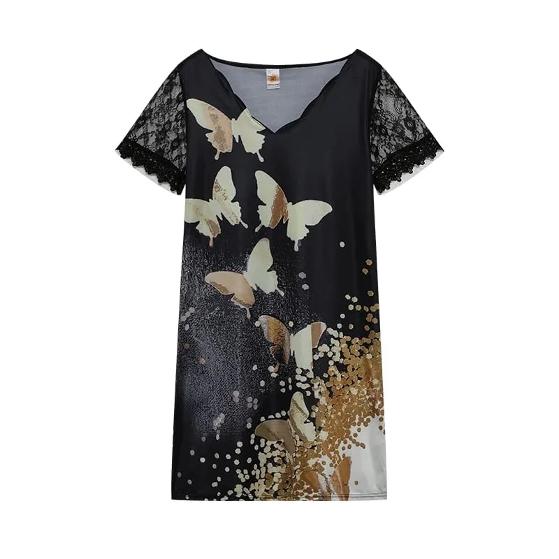 2026 New Women's New Positioning Printing Wave V-neck Lace Short-sleeved Dress