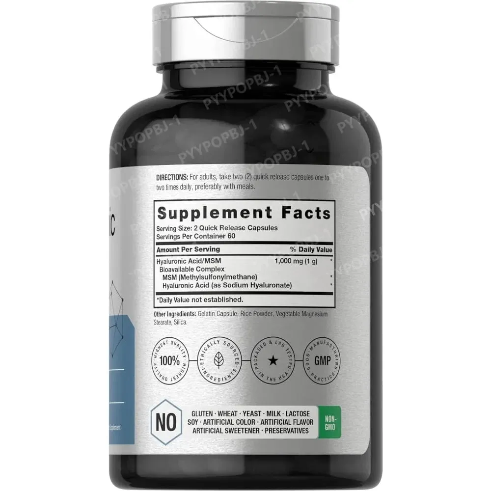 Hyaluronic Acid with MSM 1000 mg 120 Capsules Non GMO Gluten Free Supplement Bioavailable Formula