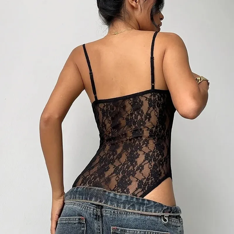 Y2k Women's Black Lace Bodysuit Summer Sheer Spaghetti Strap Bow Detail Slim Fit Party Streetwear Going Out Sexy Bodysuit Tops