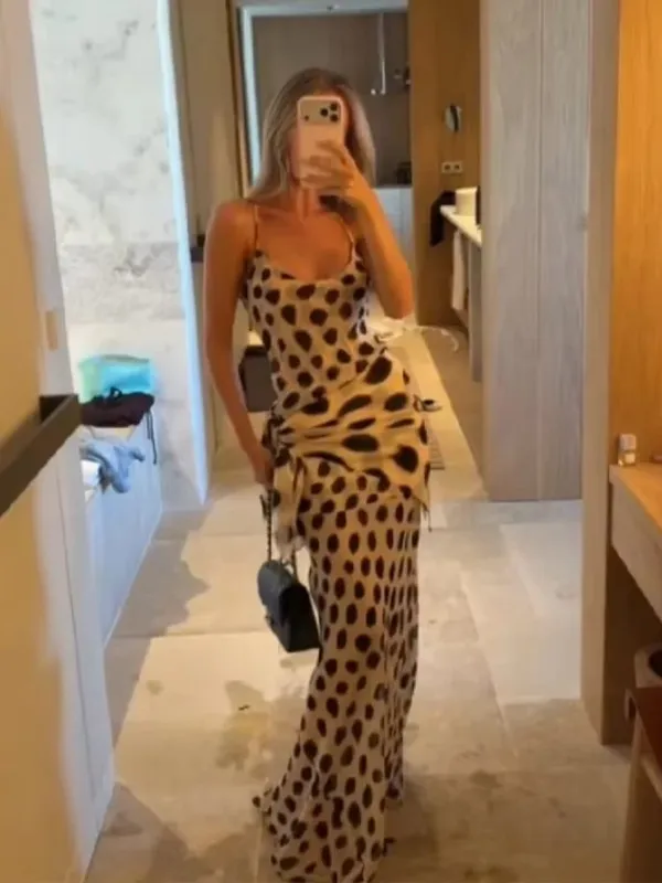 Trendy Slip Dress Animal Print V-neck Ruched Drawstring Sexy Maxi Women Dresses Beach Vacation Stylish Retro Summer Party Outfit