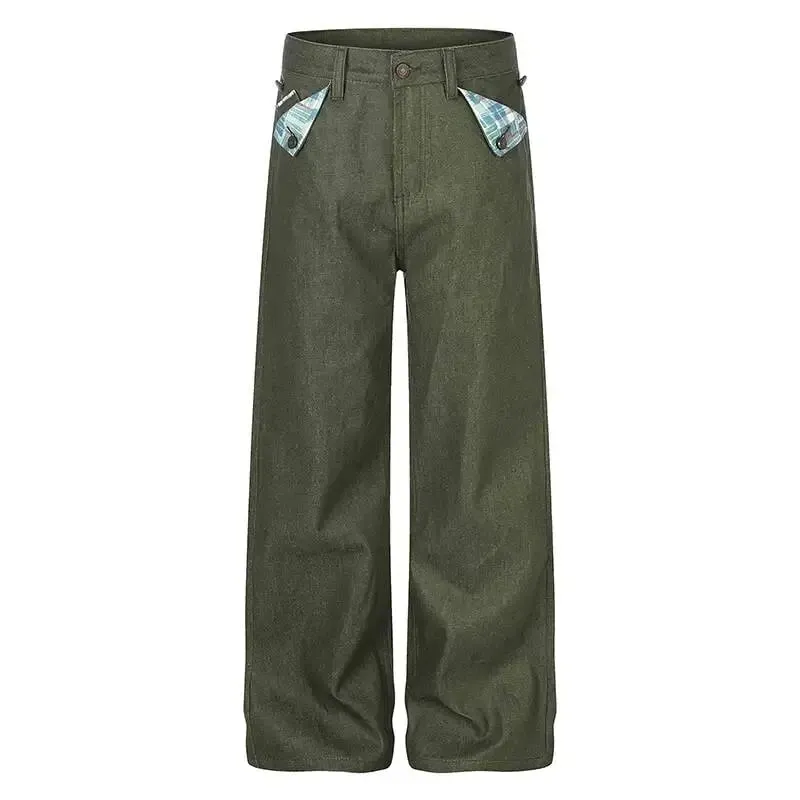 American Retro Style Army Green Wide Leg Jeans For Men Women Loose Versatile Casual Floor Length Denim Long Pants 9X4198