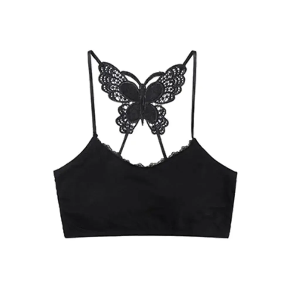 Flattering Slim Crop Top Women Lace Butterfly Back Cami Top Padded Built Bra Spaghetti Strap Sleeveless Tank Inner Underwear
