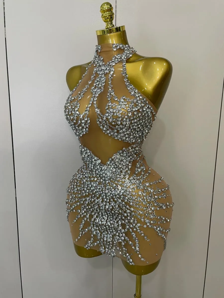 Funkelnde Strasssteine ​​Sexy Mesh Durchsichtiges Kleid Party Abend Abschlussball Feiern Geburtstagskleid Sänger Tänzer Show Bühnenkleidung