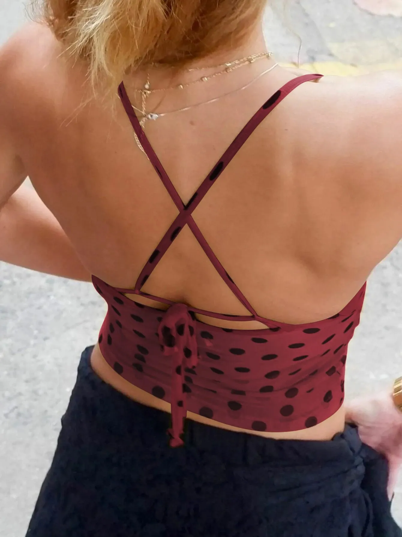 Hugcitar Spot Print V Neck Slips Backless Lace Up Sexy See Through Slim Crop Tank Top Women Fashion Outfit Vacation Party Club