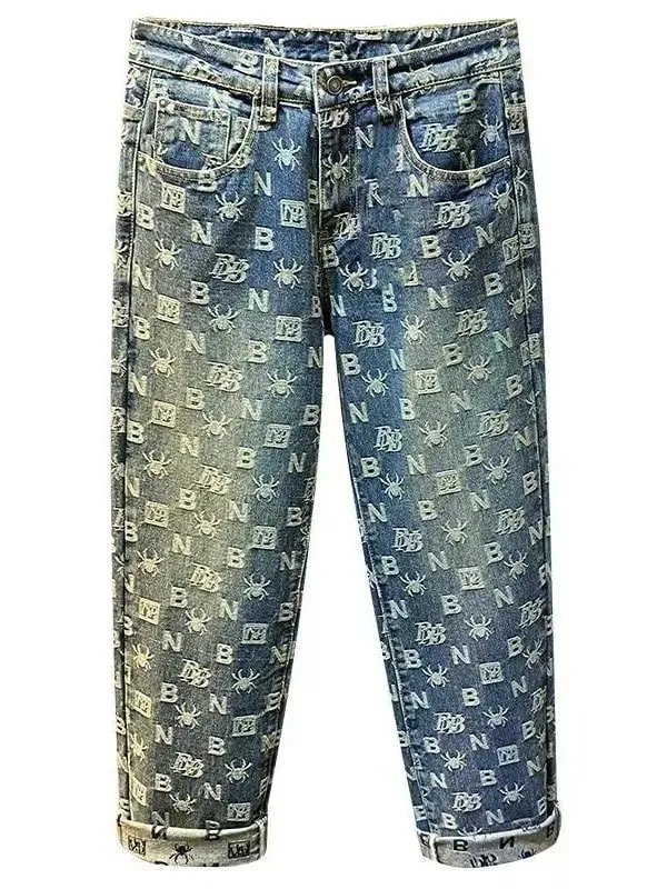Retro American High Street Wide Leg Jeans Men's Heavyweight Washed Loose Trendy Brand Embroidery High Street Long Pants
