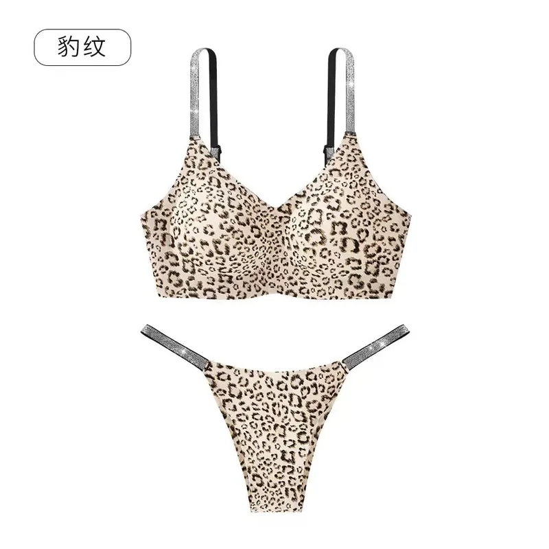 Leopard Print Rhinestone Sexy Bra Set Women Bralette Girls Underwear Brassiere Fashion Thong Gather Bras Lingerie Panty Sets