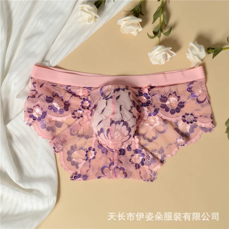 Biancheria intima sexy in pizzo Liscio Mutandine da uomo a sacchetto Prospettiva Slip da uomo floreali sottili Tentazione Mutande traspiranti a vita bassa in rete