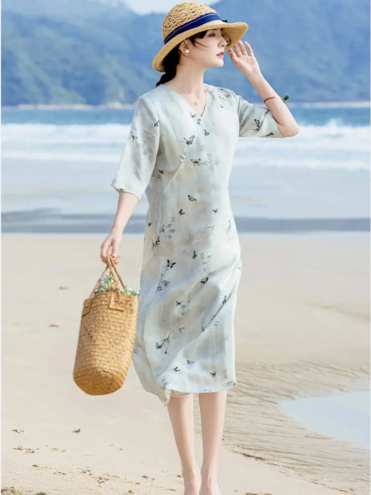 100% Ramie Women Casual Long Dress New Arrival 2026 Summer Chinese Style V-neck Print Loose Ladies Elegant Holiday Dresses M2800
