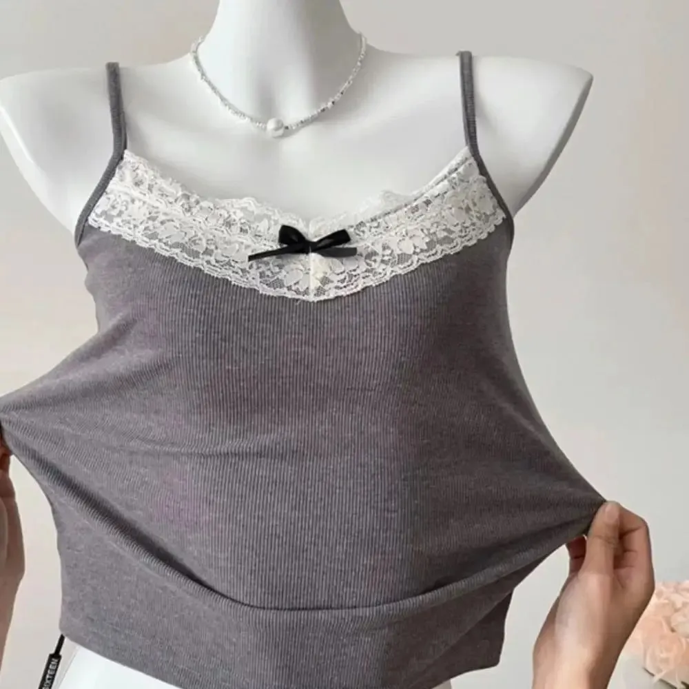 Knit Lace Sling Tops Sweet Bow Short Tank Top Camisole Solid Color Slim Knitted Crop Top Y2K Sexy Sleeveless Clothes Coquette
