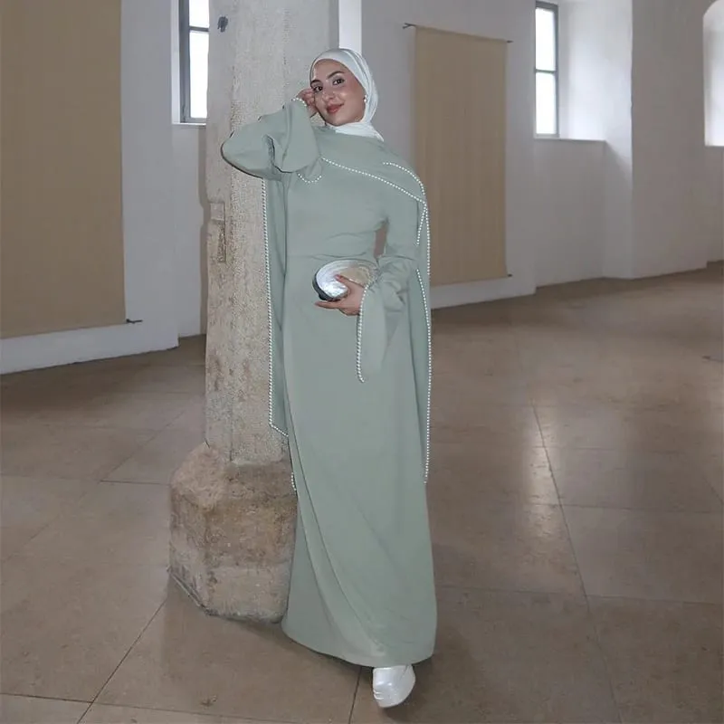 White Pearl Trim Cape Maxi Dress Women Elegant Long Sleeve Cinched Waist Muslim Robes 2026 Spring EID Abaya Lady Dresses