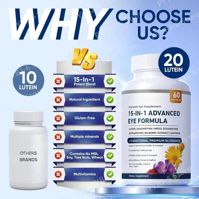 15-in-1 Advanced Eye Formula Lutein Zeaxanthin Bilberry Extract Vitamin C & E Supports Eye Health 60 Veggie Capsules for adult