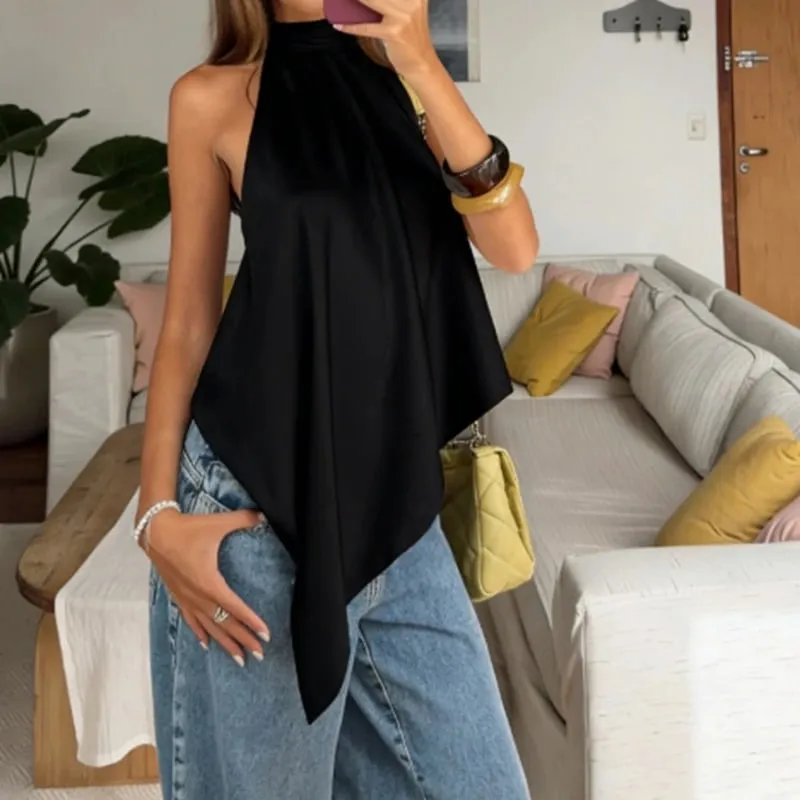 Combhasaki Women Y2k Lace-up Choker Halter Neck Satin Silk Vest High Low Asymmetrical Hem Camis Yesk Silky Backless Layering Top