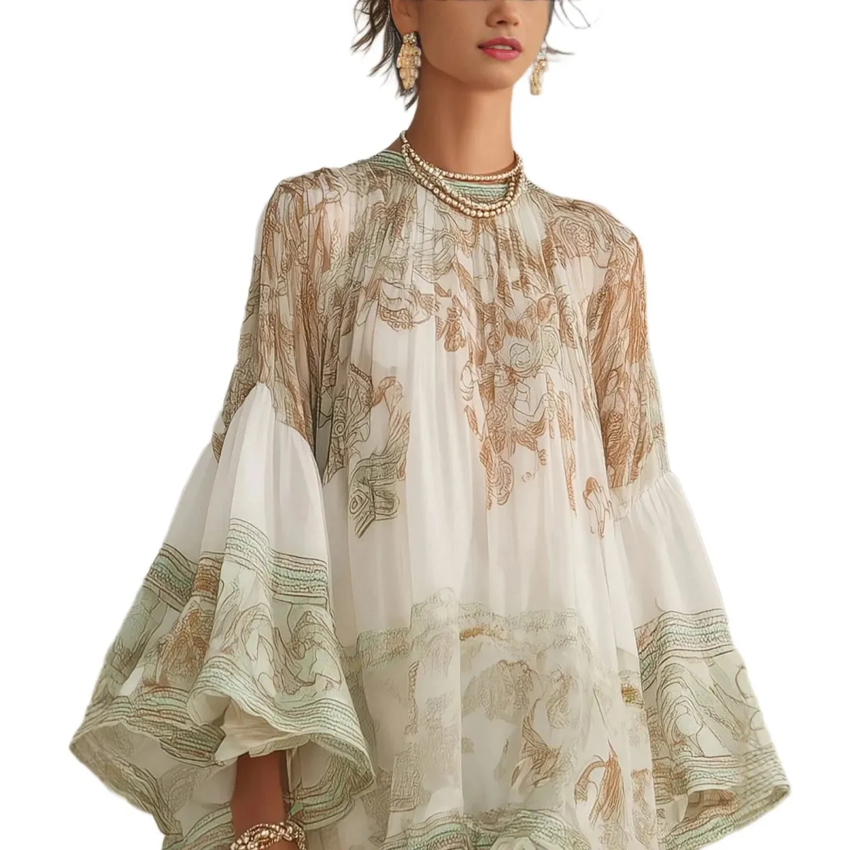 Spring Summer Women Flare Sleeve Floral Print Asymmetric Hem Dress Dresses Retro Ruffle Gown