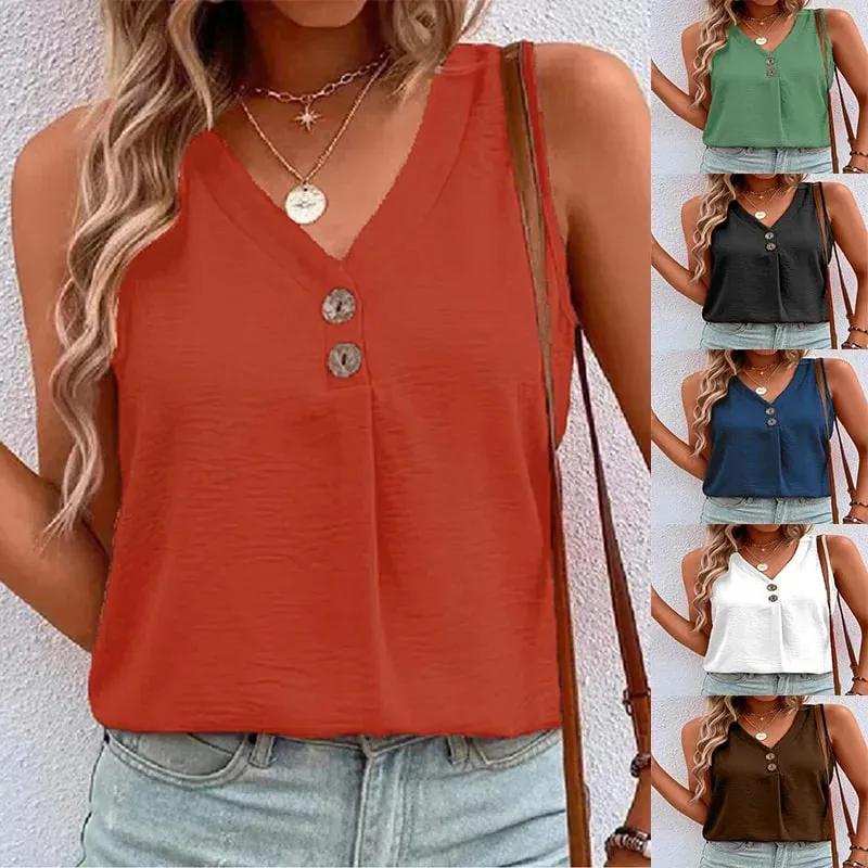 Women's V-Neck Button Tank Top Summer Lightweight Breathe Casual Loose Sleeveless T-Shirt Office Lady Basic Top
