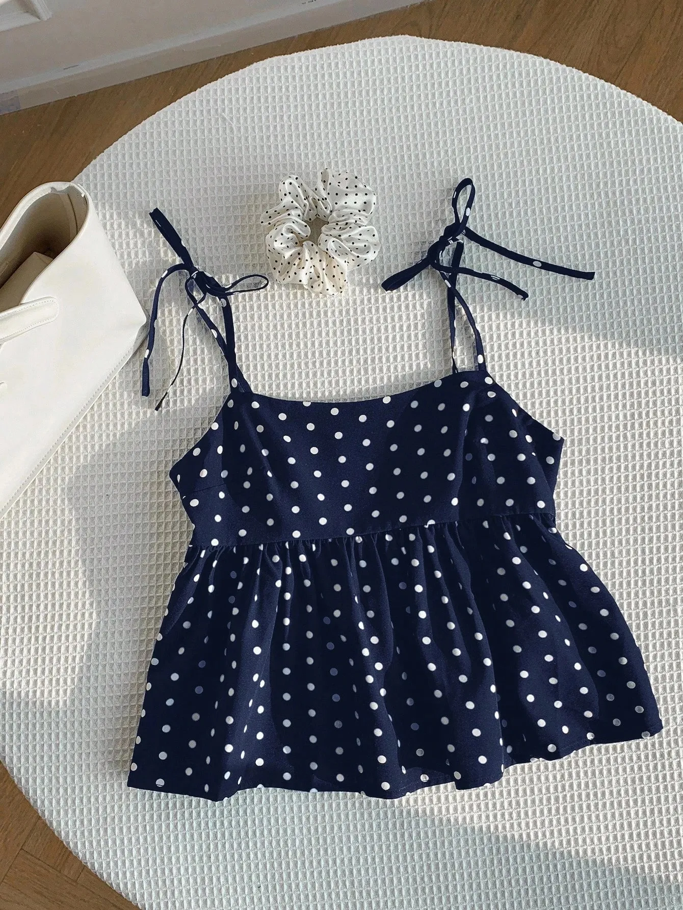 Women's Polka Dot Crop Cami With Spaghetti Straps And Flared Hem Polka Dot Camisole Babydoll Top Babydoll Tops Polkadot Top Cute