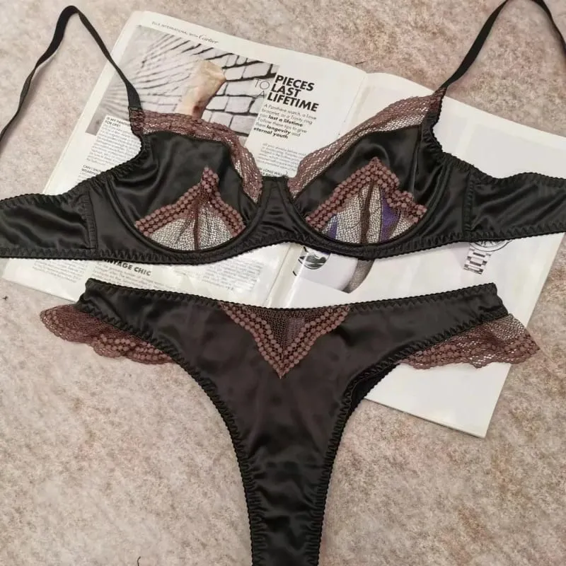 New Trendy Female Satin Lace Soft Underwire Bra Set Unpadded Ultra Thin Slimming Anti-sagging Comfort Daily Wear Underwear Set