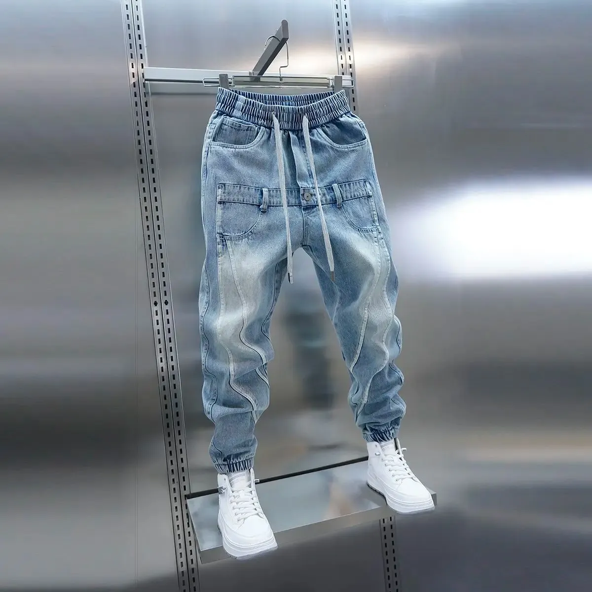2026 Light Blue Gradient Harem Jeans Outdoor Casual Loose Fit Long Trousers Brand Men's Clothing