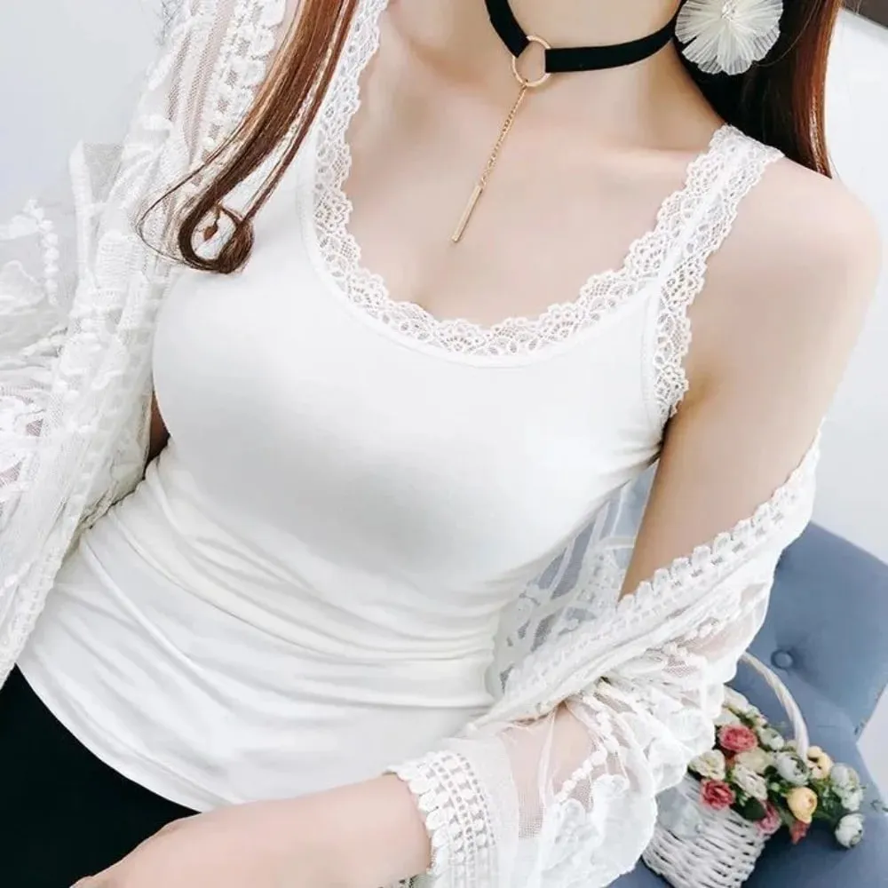Casual U Neck Summer Tank Tops With Lace Slim Fitted Tops Loose Sleeveless Cami Top Shirt for Women