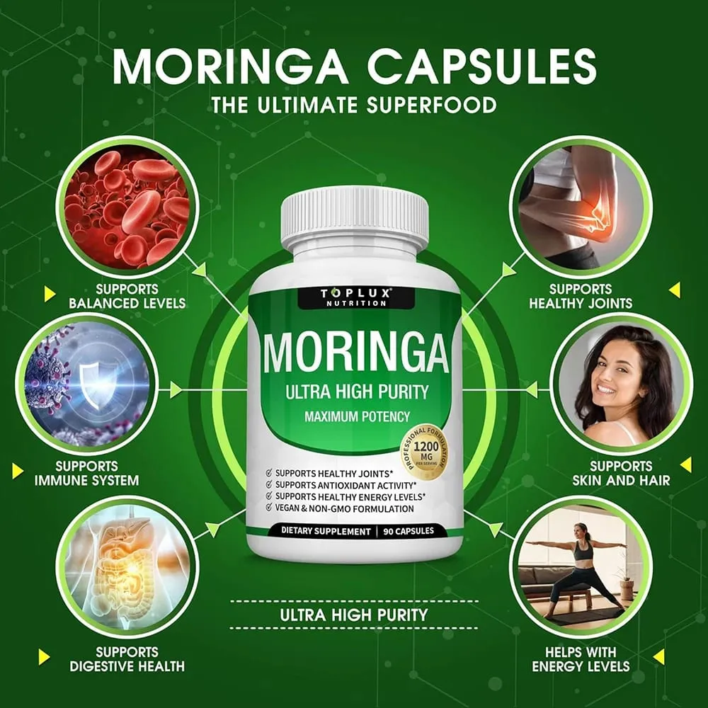 Moringa Capsules 1200mg - Pure Moringa Powder Oleifera Leaf Superfood Rich in Antioxidant Skin Health & Immune Support Vegan