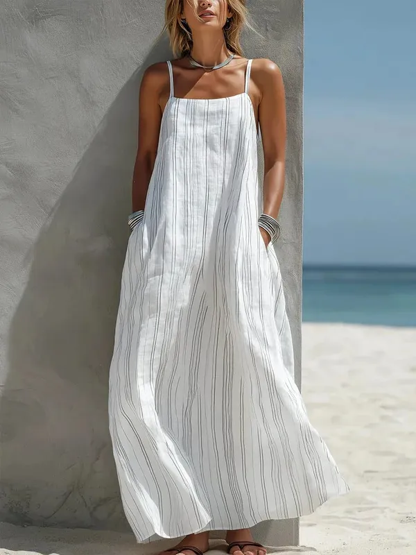 Summer New Striped Casual Camisole Sleeveless Strap Strip Pocket Women Maxi Dress Dresses