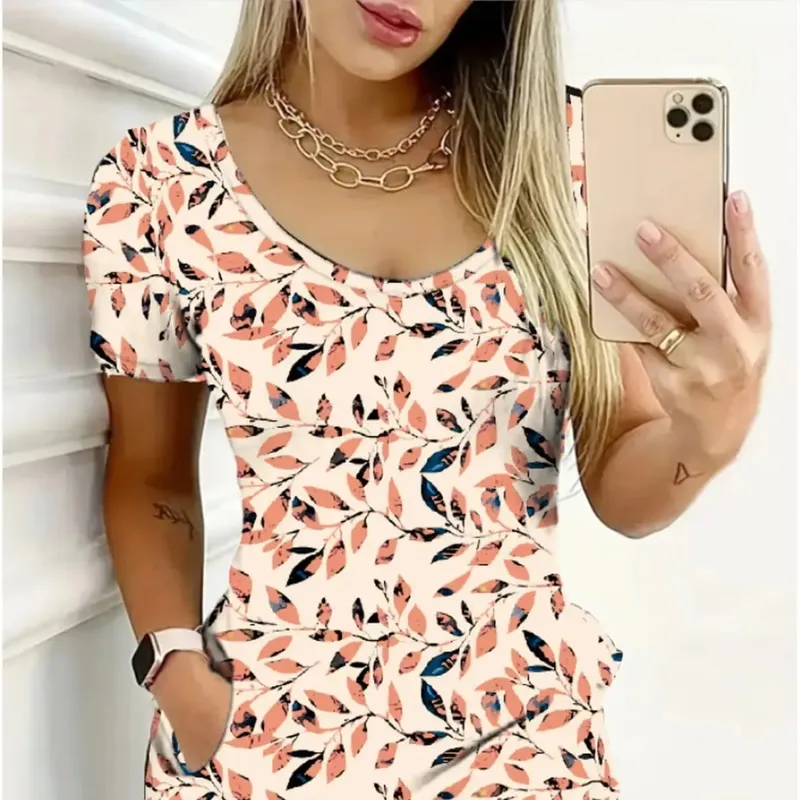 Women's Casual Elegant Comfortable round Neck Short Sleeve Skirt Leaf Geometric Pattern Print Mini Dress